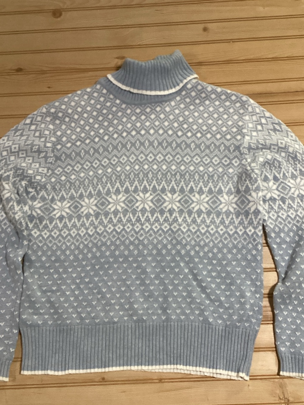 Sonoma Light Blue Fair Isle White Snowflake Cowl Neck Turtleneck Cotton Sweater